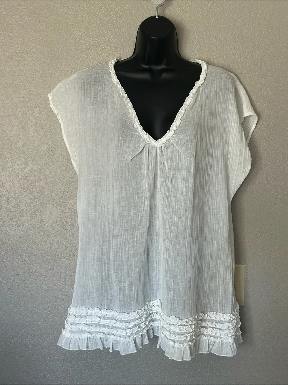 J. Crew White Cotton Gauze Beach Cover-Up Tunic V-Neck Tiered Ruffle Hem Swim